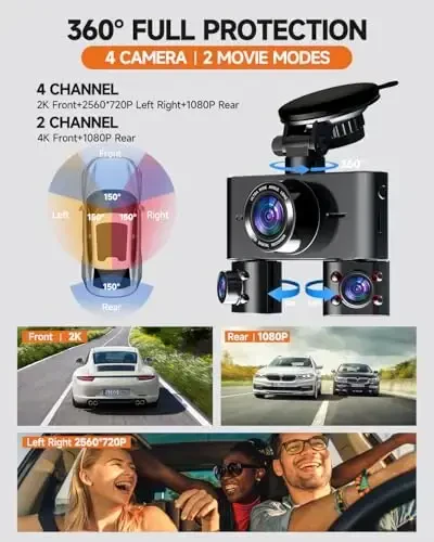 Dash Cam 360°, Avtomobillar uchun old va orqa ichki kamerasi, 4 kanalli 4K/2K FHD Mini Dashcam, O'rnatilgan WiFi, GPS, 64GB kartasi bilan, Ovozli boshqaruv, WDR, HDR, Tungi ko'rish, 24/7 Parking rejimi (Yangilangan versiya) - 3