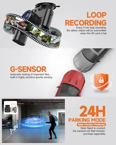 Dash Cam 360°, Avtomobillar uchun old va orqa ichki kamerasi, 4 kanalli 4K/2K FHD Mini Dashcam, O'rnatilgan WiFi, GPS, 64GB kartasi bilan, Ovozli boshqaruv, WDR, HDR, Tungi ko'rish, 24/7 Parking rejimi (Yangilangan versiya) - 4