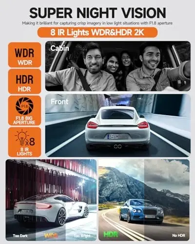 Dash Cam 360°, Avtomobillar uchun old va orqa ichki kamerasi, 4 kanalli 4K/2K FHD Mini Dashcam, O'rnatilgan WiFi, GPS, 64GB kartasi bilan, Ovozli boshqaruv, WDR, HDR, Tungi ko'rish, 24/7 Parking rejimi (Yangilangan versiya) - 5