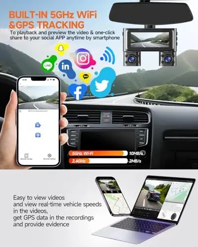 Dash Cam 360°, Avtomobillar uchun old va orqa ichki kamerasi, 4 kanalli 4K/2K FHD Mini Dashcam, O'rnatilgan WiFi, GPS, 64GB kartasi bilan, Ovozli boshqaruv, WDR, HDR, Tungi ko'rish, 24/7 Parking rejimi (Yangilangan versiya) - 6