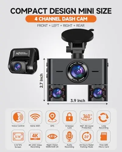 Dash Cam 360°, Dash Camera for Cars Front and Rear Inside, 4 Channel 4K/2K FHD Mini Dashcam, Built-In WiFi, GPS,with 64GB Card, Voice Control, WDR,HDR,Night Vision, 24/7 Parking Mode(Upgraded Version) - HUPEJOS (1)