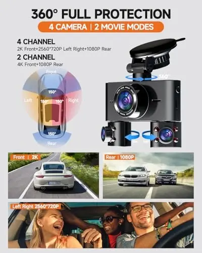 Dash Cam 360°, Dash Camera for Cars Front and Rear Inside, 4 Channel 4K/2K FHD Mini Dashcam, Built-In WiFi, GPS,with 64GB Card, Voice Control, WDR,HDR,Night Vision, 24/7 Parking Mode(Upgraded Version) - 3