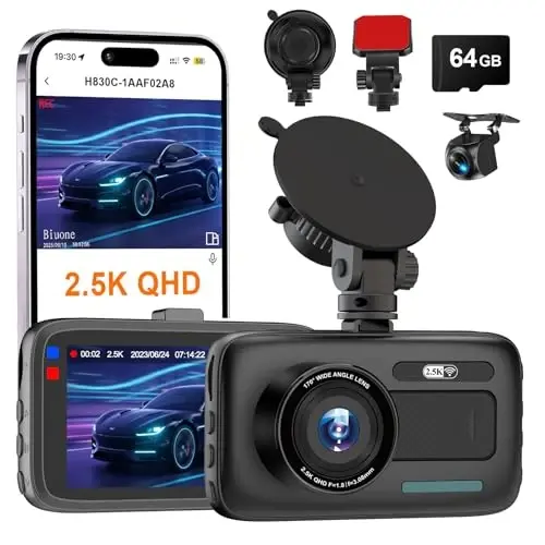 Dash Cam Front and Rear, 2.5K Dual Dash Camera W/ 64GB Card,3
