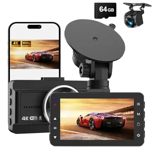 Dash Cam Front and Rear, 4K Full HD Dual Dash Camera for Cars W/ 64GB Card Included, Built-in 5G WiFi & GPS, Car Camera Dashcams for Cars with Night Vision, Parking Monitor, WDR, Emergency Lock - BIUONE