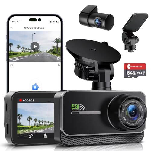 Dash Cam Front and Rear, 4K+1080P WiFi Dual Dash Camera for Cars with App, 3” IPS Dashboard Camera Recorder, Night Vision, 24H/7 Parking Mode, Loop Recording, 170° Wide Angle, Free 64GB SD Card - 1