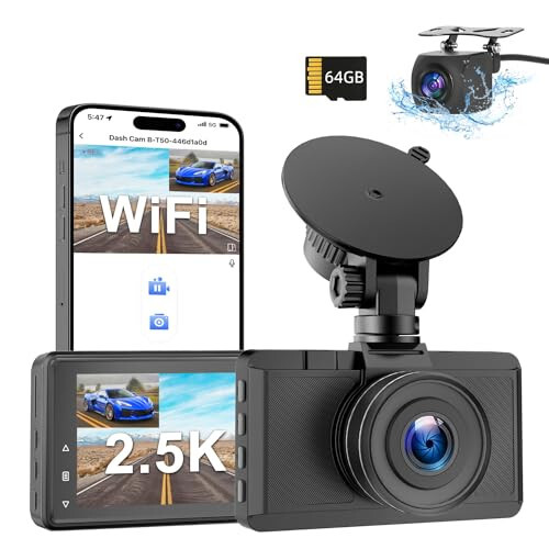 Dash Cam Front and Rear Camera, Otovoda 3Inch Screen WiFi Dash cam, 2.5K+1080P Dash Camera for Cars, Dashboard Camera with Free 64GB SD Card, Type-C Port, Parking Monitor, Super Night Vision - 1