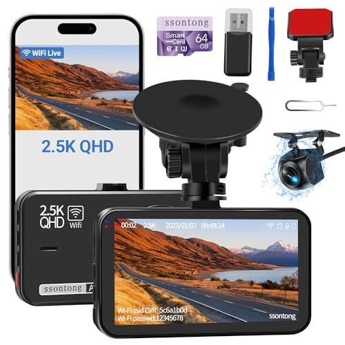 Dash Cam Front and Rear, Dash Camera for Cars WiFi/APP Control Dual Dashcam W/ 64GB Card, 2.5K Dash Cam Front+1080P Rear Car Camera W/Super Night Vision, Loop Recording, G-Sensor, Max Support 256GB - 1