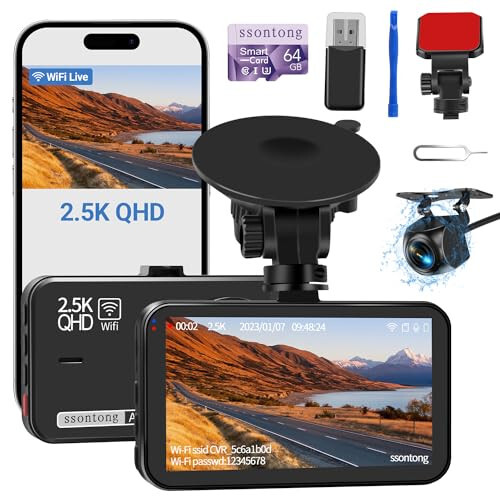 Dash Cam Front and Rear, Dash Camera for Cars WiFi/APP Control Dual Dashcam W/ 64GB Card, 2.5K Dash Cam Front+1080P Rear Car Camera W/Super Night Vision, Loop Recording, G-Sensor, Max Support 256GB - ssontong