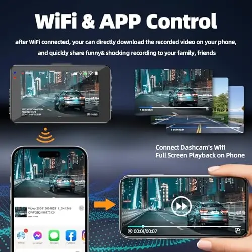 Dash Cam Front and Rear Dash Camera WiFi/APP Control Car Camera with 64G Card 2.5K Front Dash Cam+1080P Rear Dashcams with Super Night Vision, Loop Recording, G-Sensor - BIUONE (1)