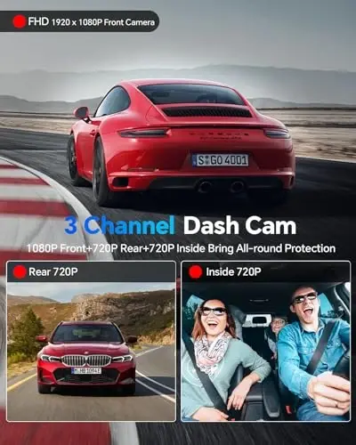 Dash Cam Front and Rear Inside 3 Channel, 1080P Dashcam with 64GB Card, Dash Camera for Cars with 24H Parking Monitor, Super Night Vision, Loop Recording, G-Sensor, WDR, 2.3