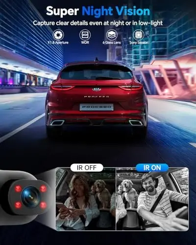Dash Cam Front and Rear Inside 3 Channel, 1080P Dashcam with 64GB Card, Dash Camera for Cars with 24H Parking Monitor, Super Night Vision, Loop Recording, G-Sensor, WDR, 2.3