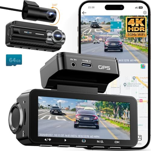 Dash Cam Front Rear 4K Built-in GPS 5GHz WiFi, 3.39