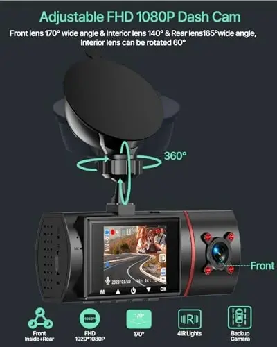 Dash Cam Front Rear and Inside, 3 Channel Dual Dash Camera for Cars W/ 64GB Card,1080P Dashcam Front with Night Vision,Loop Recording,G-Sensor,24H Park Monitor - 4
