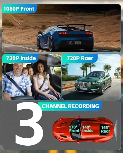 Dash Cam Front Rear and Inside, 3 Channel Dual Dash Camera for Cars W/ 64GB Card,1080P Dashcam Front with Night Vision,Loop Recording,G-Sensor,24H Park Monitor - BIUONE (1)