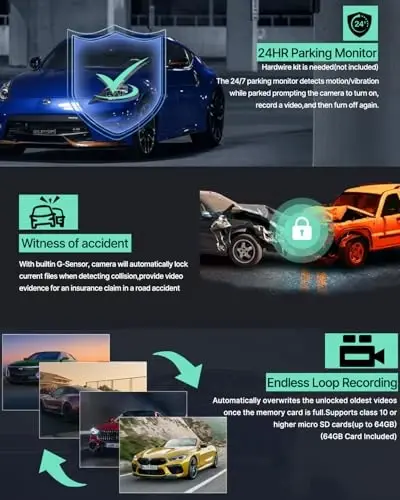 Dash Cam Front Rear and Inside, 3 Channel Dual Dash Camera for Cars W/ 64GB Card,1080P Dashcam Front with Night Vision,Loop Recording,G-Sensor,24H Park Monitor - 3