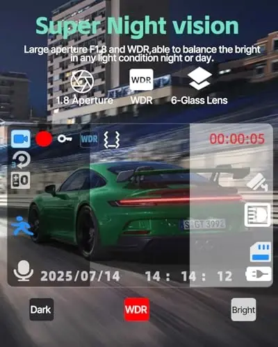 Dash Cam Front Rear and Inside, 3 Channel Dual Dash Camera for Cars W/ 64GB Card,1080P Dashcam Front with Night Vision,Loop Recording,G-Sensor,24H Park Monitor - 5