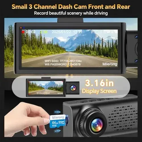 Dash Cam Front Rear and Inside, 3 Channel Dual Dash Camera for Cars WiFi 2.5K Dashcams for Car W/ 64GB Card,1440P Dashcam Front+1080P Inside Car Camera+1080P Rear Car Dash Cam,G-Sensor,IR Night Vision - MILERONG (1)