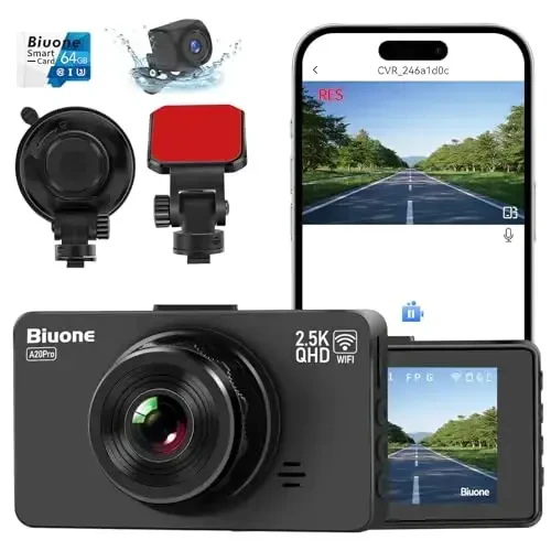Dash Cam Old va Orqa Dash Kamera WiFi/APP Boshqaruv Avtomobil Kamerasi 64G Kart bilan 2.5K Old Dash Cam+1080P Orqa Dashcamlar Super Tungi Ko‘rish, Doimiy Yozuv, G-Sensor bilan - 1