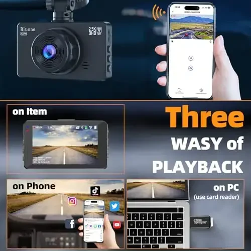 Dash Cam Old va Orqa Dash Kamera WiFi/APP Boshqaruv Avtomobil Kamerasi 64G Kart bilan 2.5K Old Dash Cam+1080P Orqa Dashcamlar Super Tungi Ko‘rish, Doimiy Yozuv, G-Sensor bilan - 5