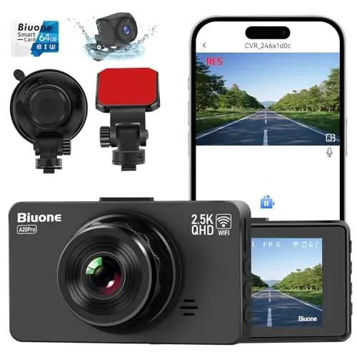 Dash Cam Old va Orqa Dash Kamera WiFi/APP Boshqaruv Avtomobil Kamerasi 64G Kart bilan 2.5K Old Dash Cam+1080P Orqa Dashcamlar Super Tungi Ko‘rish, Doimiy Yozuv, G-Sensor bilan - BIUONE