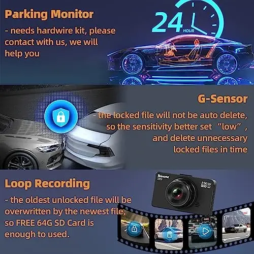 Dash Cam Old va Orqa Dash Kamera WiFi/APP Boshqaruv Avtomobil Kamerasi 64G Kart bilan 2.5K Old Dash Cam+1080P Orqa Dashcamlar Super Tungi Ko‘rish, Doimiy Yozuv, G-Sensor bilan - 3