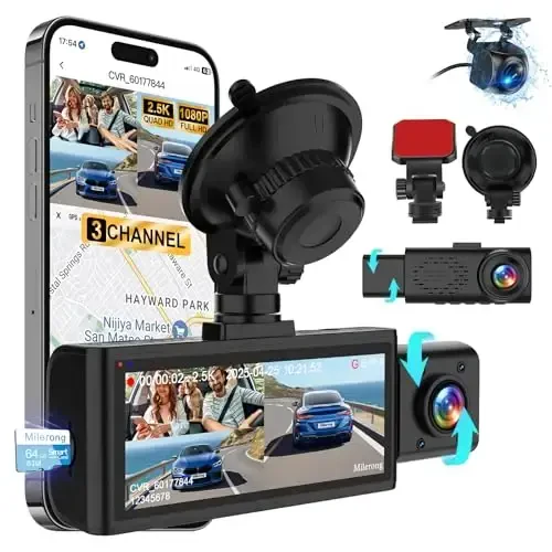 Dash Cam old va orqa, ichkarida, 3 kanalli qo'shaloq Dash Camera avtomobillar uchun WiFi 2.5K Dashcamlar W/ 64GB Card, 1440P Dashcam old + 1080P Ichki avtomobil kamerasi + 1080P Orqa avtomobil Dash Cam, G-Sensor, IR tungi ko'rish - MILERONG