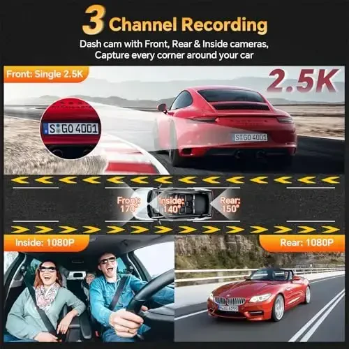 Dash Cam old va orqa, ichkarida, 3 kanalli qo'shaloq Dash Camera avtomobillar uchun WiFi 2.5K Dashcamlar W/ 64GB Card, 1440P Dashcam old + 1080P Ichki avtomobil kamerasi + 1080P Orqa avtomobil Dash Cam, G-Sensor, IR tungi ko'rish - 6