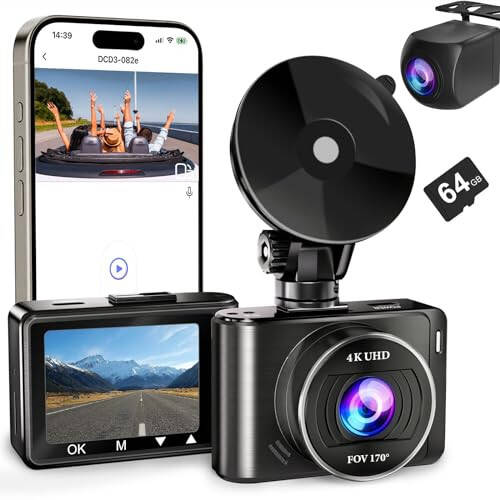 Dash Camera, 4K/1080p Dash Cam Front Rear Built-in WiFi, with 64GB SD Card, Full HD 2.0” IPS Screen Dash Camera for Cars with App Control, G-Sensor, Loop Recording, Parking Mode - 1