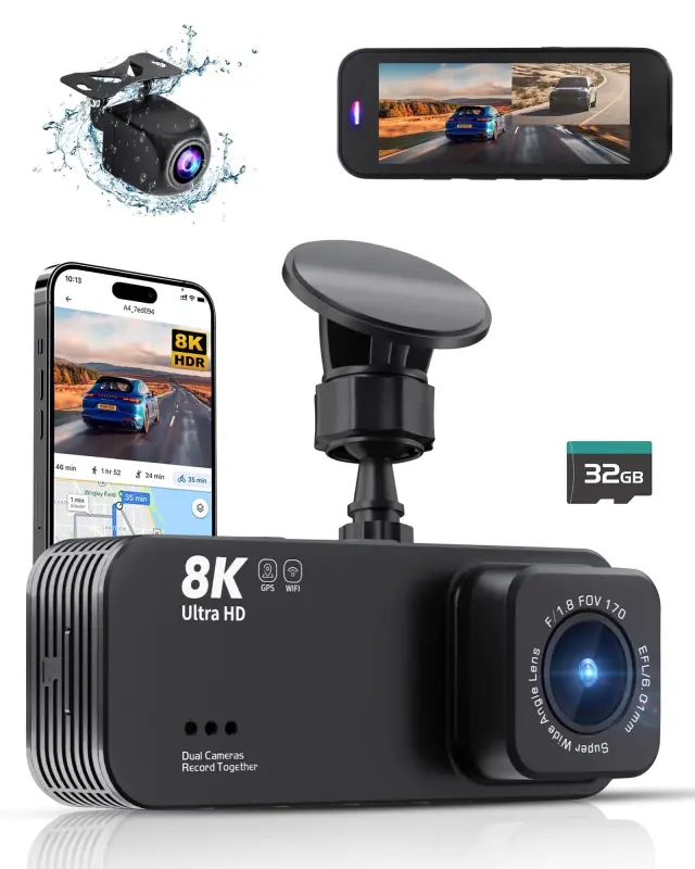 Dash Cam,Gazsocy 8K HD Car Dash Camera with Front and Rear Recording, Built-in Wi-Fi & GPS, Enhanced Night Vision,32 GB - GAZSOCY