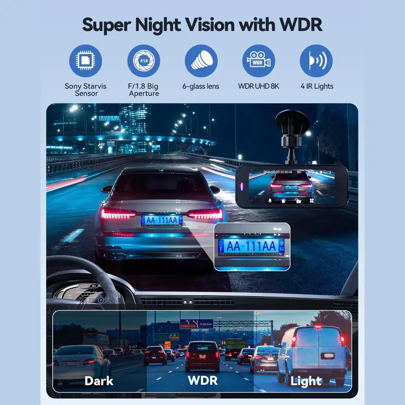 Dash Cam,Gazsocy 8K HD Car Dash Camera with Front and Rear Recording, Built-in Wi-Fi & GPS, Enhanced Night Vision,32 GB - 3