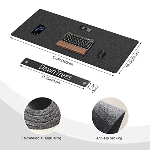 DAWNTREES Large Felt Desk Mat,39.4''x19.69'' Full Keyboard and Mouse Pad | Non-Slip Computer Desk Mat for Home and Office,100x50CM Felt Desk Pad Protector (Dark Gray) - DAWNTREES (1)