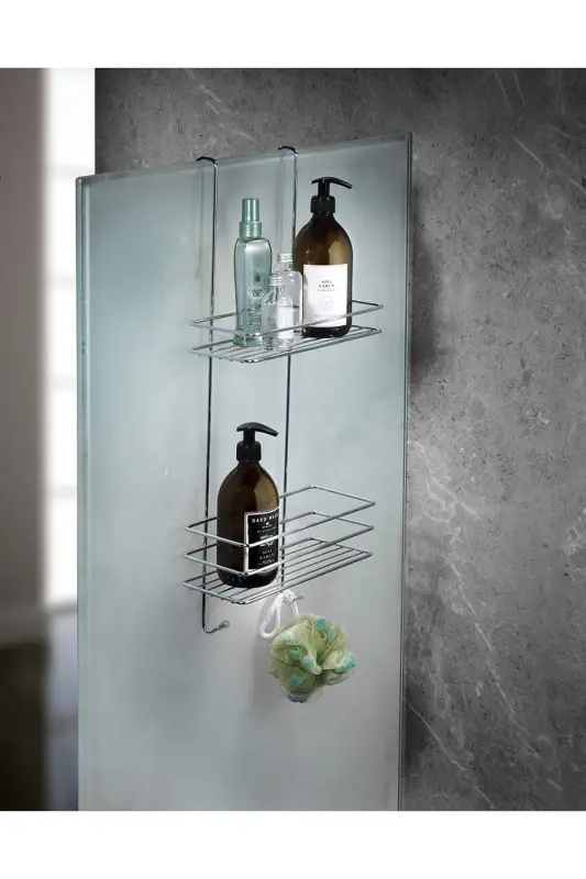 Dayanıklı 2 Katlı Askılı Duş Rafı Sabunluk Şampuanlık Duşakabin Askısı Krom-Metalik - 1