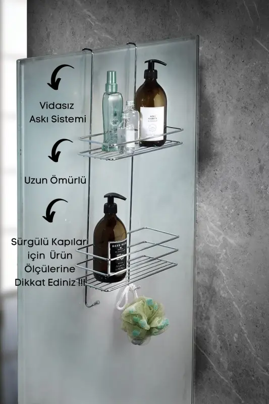 Dayanıklı 2 Katlı Askılı Duş Rafı Sabunluk Şampuanlık Duşakabin Askısı Krom-Metalik - 3