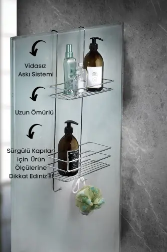 Dayanıklı 2 Katlı Askılı Duş Rafı Sabunluk Şampuanlık Duşakabin Askısı Krom-Metalik - 3