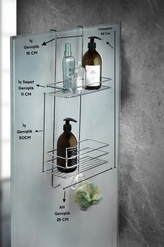 Dayanıklı 2 Katlı Askılı Duş Rafı Sabunluk Şampuanlık Duşakabin Askısı Krom-Metalik - 4