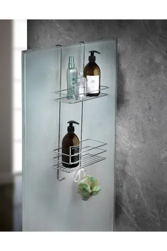 Dayanıklı 2 Katlı Askılı Duş Rafı Sabunluk Şampuanlık Duşakabin Askısı Krom-Metalik 