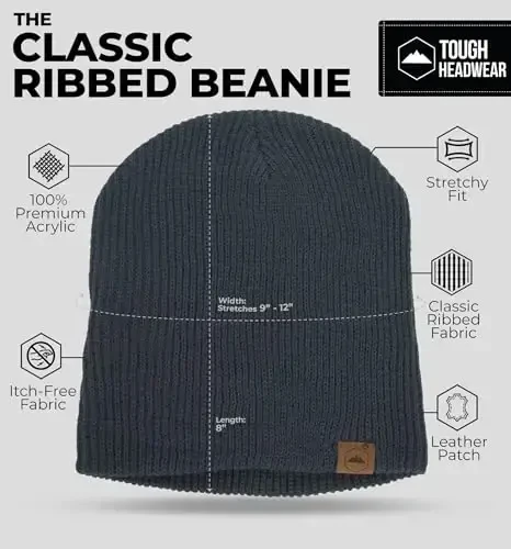 Tough Headwear Ribbed Beanie Hat - Four-Way Stretch Beanie for Women & Men - Lightweight, Soft Acrylic Knit Winter Hat - 3