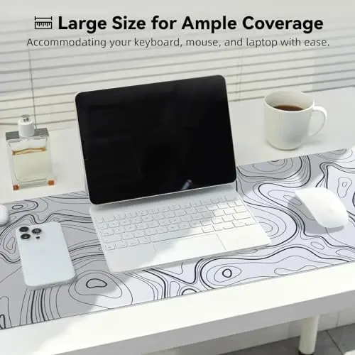 Reniteco Waterproof Large Gaming Mouse Pad with Durable Stitched Edges, Non-Slip Rubber Base, Grainy Jacquard Mouse Mat Desk Pad for Home Office Gaming, 31.5''x11.8''x0.12'', Topographic Map White - RENITECO (1)