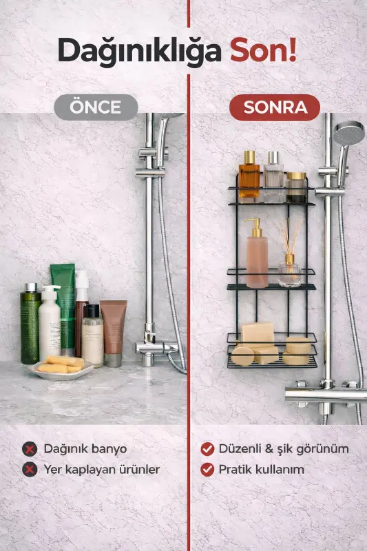 Dayanıklı Paslanmaz Siyah Yapışkanlı Banyo Duş Rafı - 2
