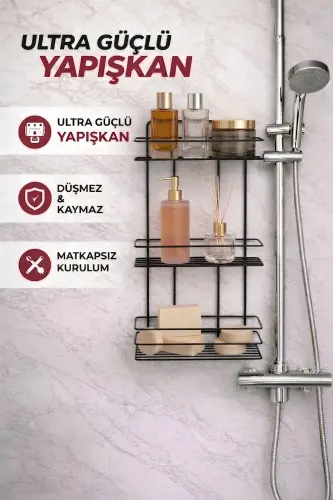 Dayanıklı Paslanmaz Siyah Yapışkanlı Banyo Duş Rafı - 3