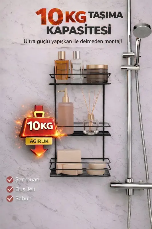 Dayanıklı Paslanmaz Siyah Yapışkanlı Banyo Duş Rafı - 4