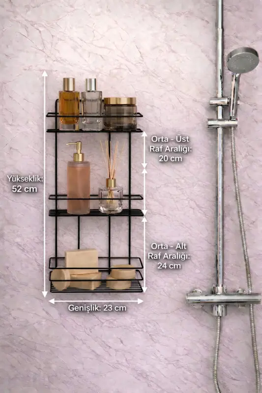 Dayanıklı Paslanmaz Siyah Yapışkanlı Banyo Duş Rafı - 7