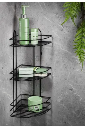 3 Katlı Siyah Yapışkanlı Banyo Köşeliği Düzenleyici, Şampuanlık, Metal Köşelik Duş Rafı-siyah 