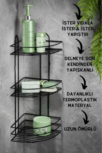 3 Katlı Siyah Yapışkanlı Banyo Köşeliği Düzenleyici, Şampuanlık, Paslanmaz Metal Köşelik Duş Rafı-siyah - SAS HAUS (1)