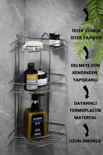 Dayanıklı Yapışkanlı Banyo Köşeliği Düzenleyici Şampuanlık Duş Rafı Krom EK-03 - Gri - 2