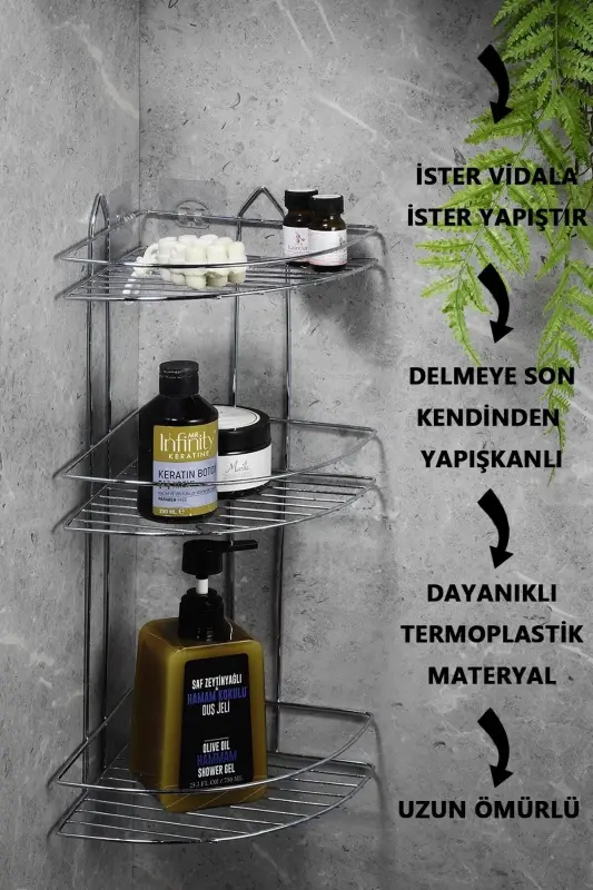 Dayanıklı Yapışkanlı Banyo Köşeliği Düzenleyici Şampuanlık Duş Rafı Krom EK-03 - Gri - 2