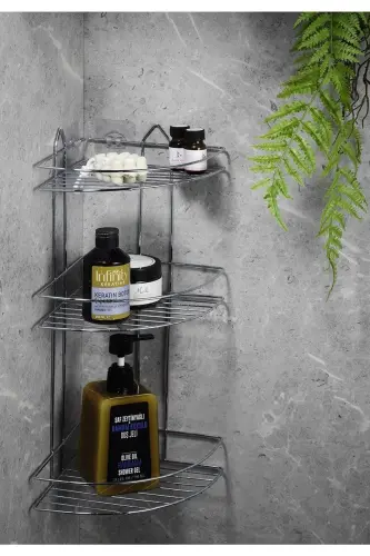 Dayanıklı Yapışkanlı Banyo Köşeliği Düzenleyici Şampuanlık Duş Rafı Krom EK-03 - Gri 