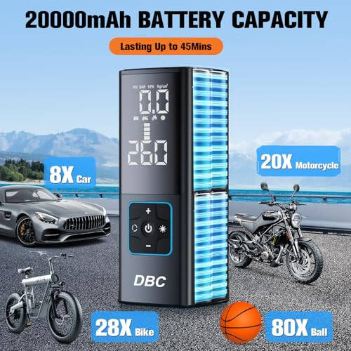 DBC Shinalar uchun portativ havo kompressori, 3 barobar tez simsiz velosiped pompasi, 20000mAh va 150PSI avtomobil, velosiped, mototsikl, to'p uchun raqamli ikki qiymatli displeyli portativ havo pompasi. - 3