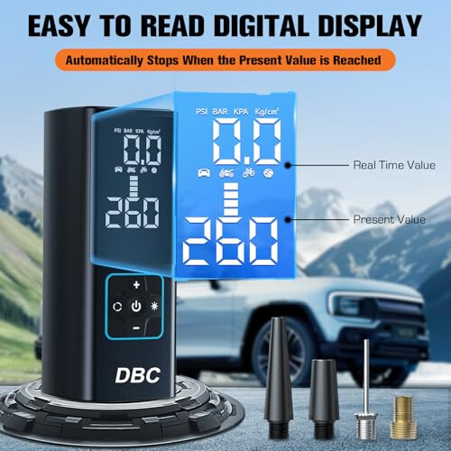 DBC Shinalar uchun portativ havo kompressori, 3 barobar tez simsiz velosiped pompasi, 20000mAh va 150PSI avtomobil, velosiped, mototsikl, to'p uchun raqamli ikki qiymatli displeyli portativ havo pompasi. - 4