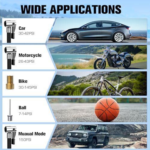 DBC Shinalar uchun portativ havo kompressori, 3 barobar tez simsiz velosiped pompasi, 20000mAh va 150PSI avtomobil, velosiped, mototsikl, to'p uchun raqamli ikki qiymatli displeyli portativ havo pompasi. - 5